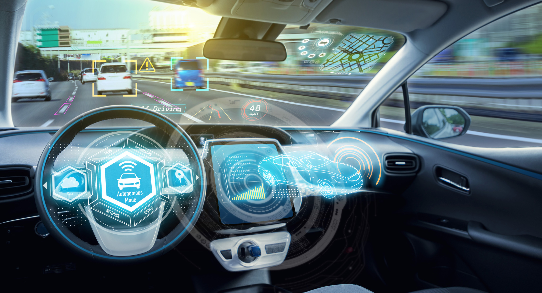 A vehicle driving with Advanced Driver Assistance Systems (ADAS) overlays showing new technologies.